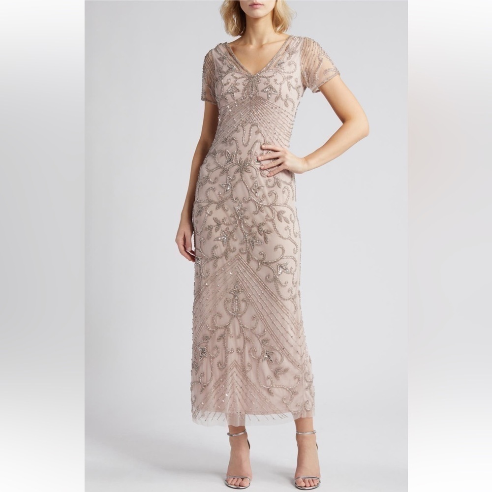 068 NWT Beaded Mesh Column Gown